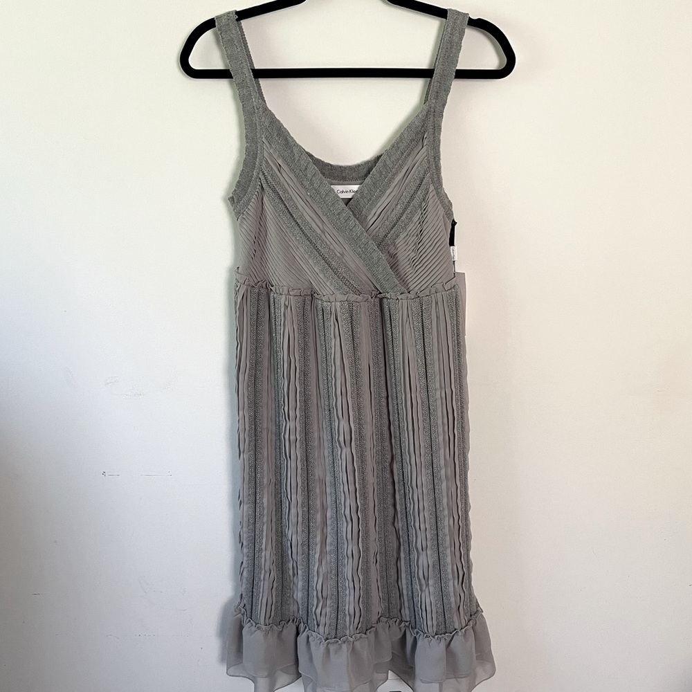 NEW- Calvin Klein Grey Knit Chiffon Dress